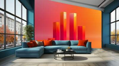 Rising 3D bar graph in bold orange-red gradient, watercolor style, depicting corporate growth Wall mural