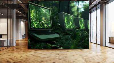 Solar-powered computers placed in a rainforest, where the screens display information about the surrounding ecosystem. Wall mural