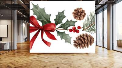 Traditional Christmas elements in a hand-drawn style, with vibrant reds and greens, showcasing holly sprigs, pine cones, and a ribbon-tied scroll. Wall mural