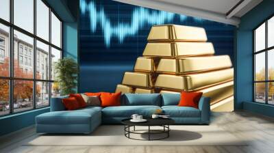 Visual representation of gold bars with a financial graph, symbolizing investment and wealth growth in the economy. Wall mural