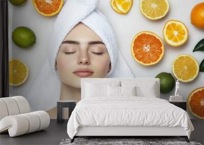 Vitamin C Glow, A peaceful spa moment with a models face, eyes closed, wrapped in a white towel, with vibrant citrus fruits emphasizing natural skin vitality. Wall mural