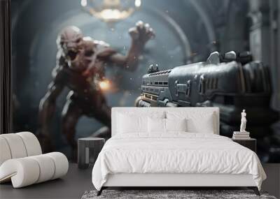 Futuristic Soldier Wielding Assault Weapon in Dystopian Cityscape Wall mural