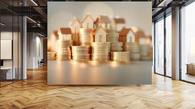 Stacking Coins and Miniature Houses Symbolizing Financial Growth and Real Estate Investments Wall mural