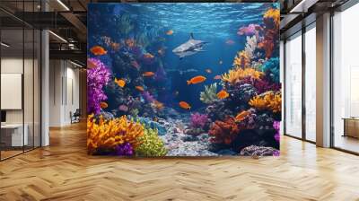 A painting of a coral reef with a variety of fish and sharks
 Wall mural