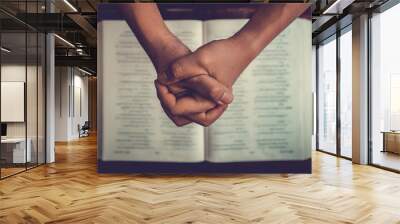 Close up prayer's hand pray in church, Pastor pray to God with BIBLE, top view with blank copy space Wall mural