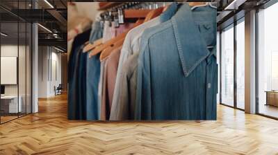 Colorful women's clothes hang on hangers in a retail shop. Fashion and shopping concept Wall mural