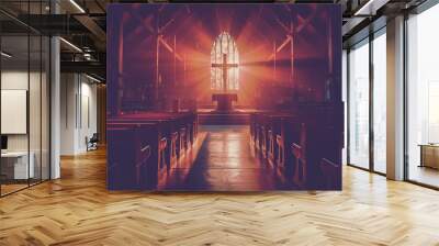 Vivid sunset light streaming through a stained glass window, casting a serene glow over a peaceful church interior. Wall mural