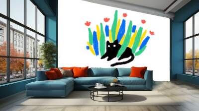 Simple black cat with colorful plants hand dawn  Wall mural