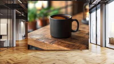 Black coffee mug on wooden table in coffee shop. Wall mural