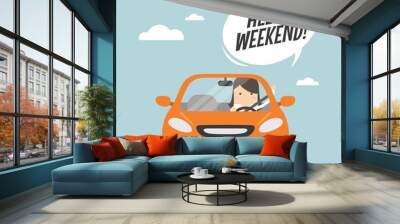 Businesswoman traveling by car and say Hello weekend. Wall mural