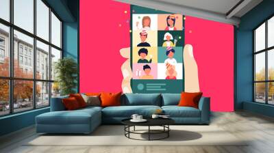 Christmas and New Year online celebration using mobile phone. Party online with video call. Wall mural