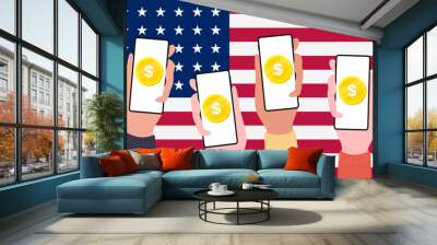 Digital Dollar Coins on mobile screen of people, CBDC currency futuristic digital money on USA flag  background. vector Wall mural