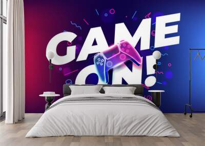 game on, neon game controller or joystick for game console on blue background. Wall mural