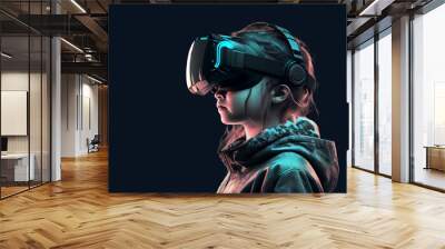 Girl wearing VR headset image created with Generative AI technology. Wall mural