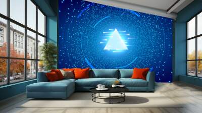 Metaverse abstract background with glowing glitch triangle in the center, perspective tunnel, virtual cyber space. Vector Wall mural