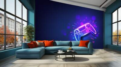 Neon game controller or joystick for game console on blue background. Wall mural