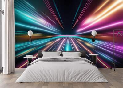 Speed motion on the neon glowing road at dark. Speed motion on the perspective road. Abstract colored light streaks acceleration. Perspective space gates. illustration. Wall mural