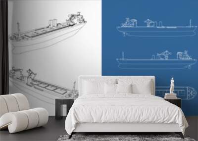 Set large cargo ship container outline vector. Blueprint wireframe line drawing for template with all side and isolated on transparent background Wall mural