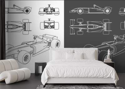 set of formula 1 car. F1  line art draw blueprint wireframe from all side view. isolated on transparent background  Wall mural