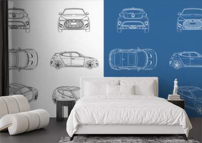 vector hatchback car line art draw blueprint wireframe from all view top corner side back isolated in transparent background Wall mural