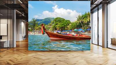 Traditional Thai long boat on Kata beach - one of the best beaches in Phuket, Thailand  Wall mural