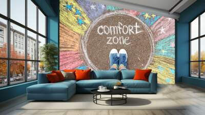 Comfort zone concept. Feet standing inside comfort zone circle. Wall mural