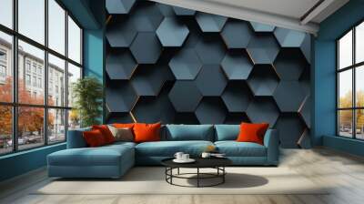 Abstract geometric pattern of dark blue hexagons in a repeating grid.  A modern, clean background. Wall mural