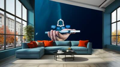 Virtual screen on smartphone shows real-time notifications, including information, chats, emails, and applications, enhancing digital communication and connectivity Wall mural