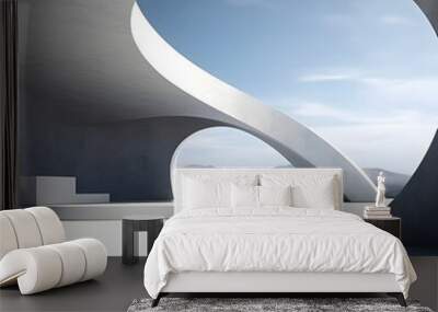 3d render of abstract minimal curve architecture with concrete floor and sky, luxury future modern architecture Wall mural