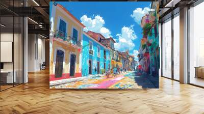 A cobblestone street lined with colorful houses stretches towards the sea. Wall mural