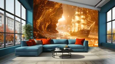 A golden ship sails through a sparkling cave with sparkly gold light and fog. Wall mural