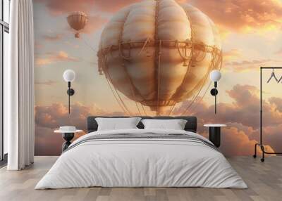 a large, old-fashioned hot air balloon floating in a cloudy sky. Wall mural