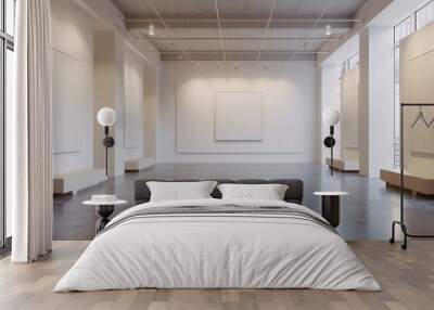 A large, white, empty gallery with windows. There are three large blank posters on the wall. The room has a minimalistic and modern aesthetic. Wall mural