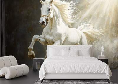 a majestic white house galloping through a golden forest, its mane and tail flowing in the wind. Wall mural