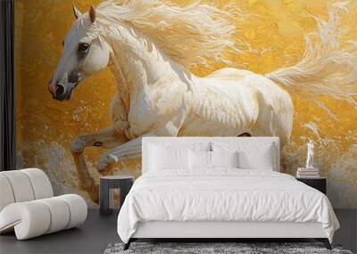 a majestic white house galloping through a golden forest, its mane and tail flowing in the wind. Wall mural