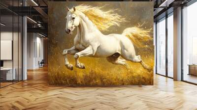 a majestic white house galloping through a golden forest, its mane and tail flowing in the wind. Wall mural