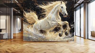 a majestic white house galloping through a golden forest, its mane and tail flowing in the wind. Wall mural