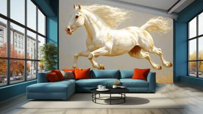 a majestic white house galloping through a golden forest, its mane and tail flowing in the wind. Wall mural