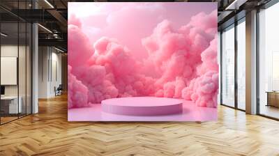 A pink cloud podium set against a blue sky with pink and purple clouds. Wall mural