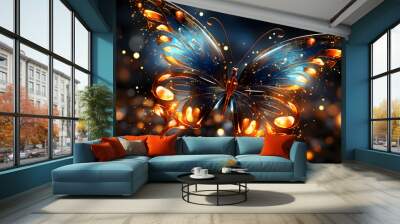 A sacred peony butterfly, digital plant, surrounded by electric arc light in dark background Wall mural