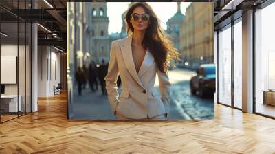 A woman with long brown hair wearing a shirt.  She is standing on a street with  Europe building in the background. Wall mural