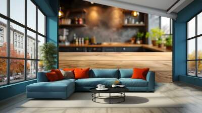 A wooden table in front of a blurred background of a kitchen with shelves and a window. Wall mural