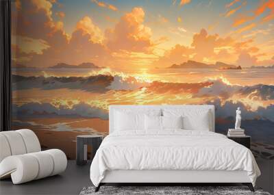 Beautiful gold sunset on the beach. Sunset over the sea. Illustration Wall mural