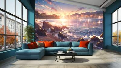 Beautiful sunset on the beach. Sunset over the beautiful sea. Illustration Wall mural