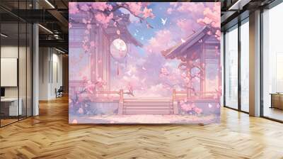 Cherry blossom background. Spring landscape with blooming sakura and wooden house in the Japanese anime background. Wall mural