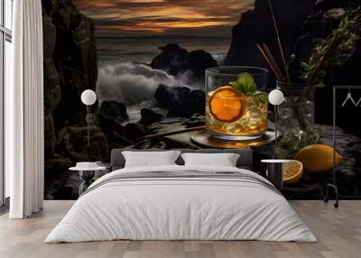 Cocktail with orange and mint on the rocks in the night Wall mural