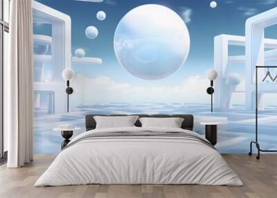 Futuristic interior with white walls and blue floor 3d rendering Wall mural