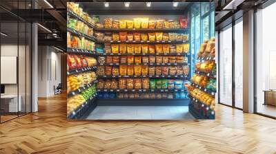 grocery store aisle, with a variety of snacks, chips, and candy neatly arranged on the shelves. Wall mural