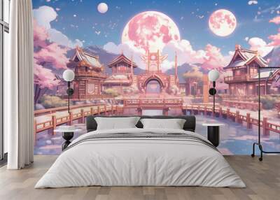 japanese temple with moon and clouds in the sky in the Japanese anime background. Wall mural