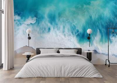 Overhead photo of crashing waves on the shoreline  beach. Tropical beach surf. Abstract aerial ocean view Wall mural